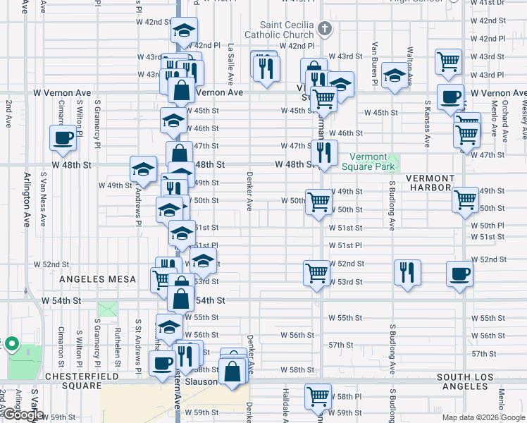 map of restaurants, bars, coffee shops, grocery stores, and more near 5022 Dalton Avenue in Los Angeles