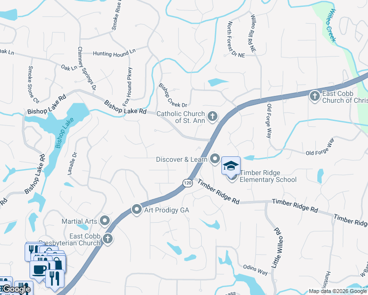 map of restaurants, bars, coffee shops, grocery stores, and more near 4862 Bishop Lake Road in Marietta