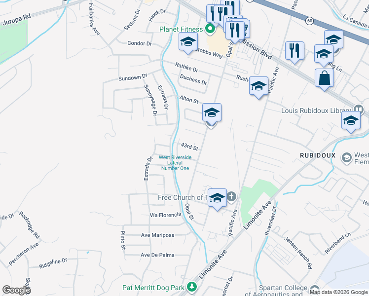 map of restaurants, bars, coffee shops, grocery stores, and more near 6344 43rd Street in Riverside