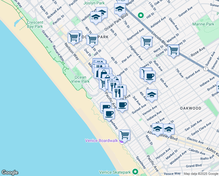 map of restaurants, bars, coffee shops, grocery stores, and more near 123 Main Street in Santa Monica