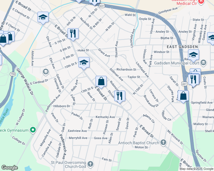map of restaurants, bars, coffee shops, grocery stores, and more near 1306 Stroud Avenue in Gadsden