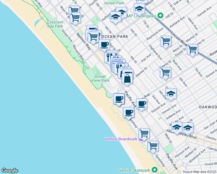 map of restaurants, bars, coffee shops, grocery stores, and more near 37 Sea Colony Drive in Santa Monica