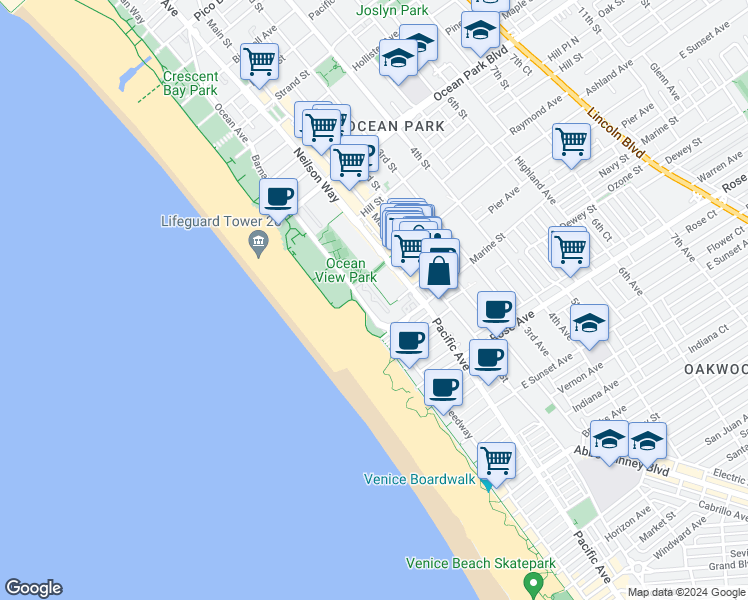 map of restaurants, bars, coffee shops, grocery stores, and more near 3400 Barnard Way in Santa Monica