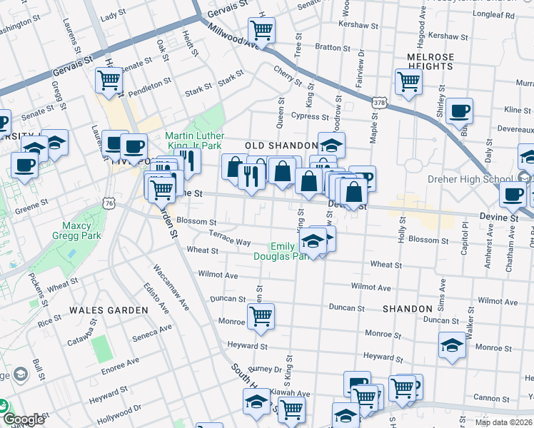 map of restaurants, bars, coffee shops, grocery stores, and more near 611 Queen Street in Columbia