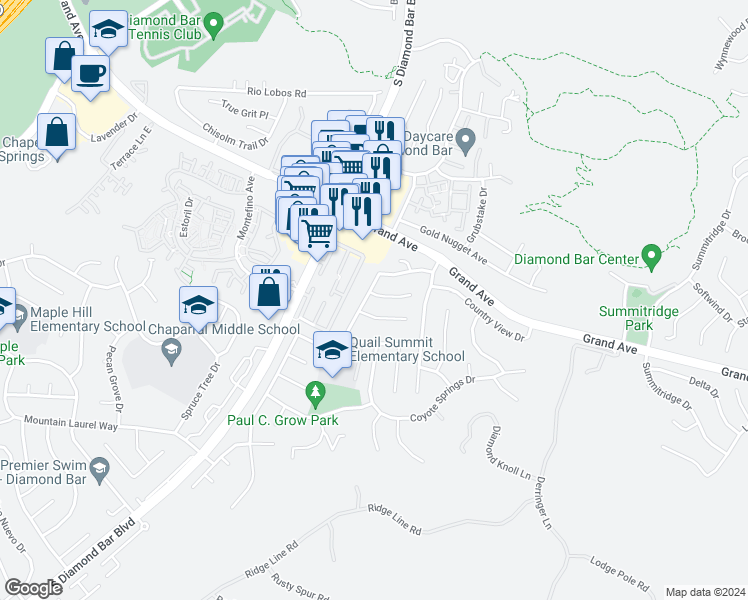 map of restaurants, bars, coffee shops, grocery stores, and more near 23408 Amberwick Place in Diamond Bar