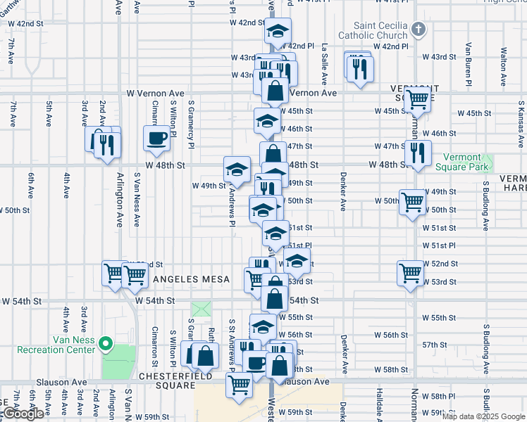 map of restaurants, bars, coffee shops, grocery stores, and more near 5017 South Western Avenue in Los Angeles