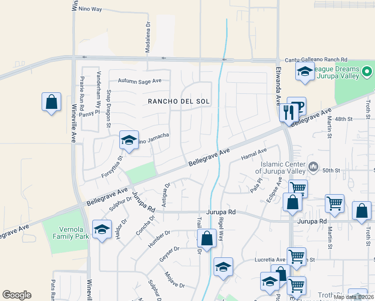 map of restaurants, bars, coffee shops, grocery stores, and more near 11349 Camino Miramontes in Jurupa Valley