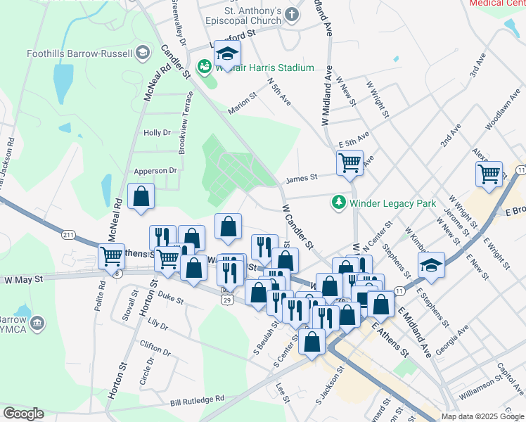 map of restaurants, bars, coffee shops, grocery stores, and more near 168 Melrose Street in Winder