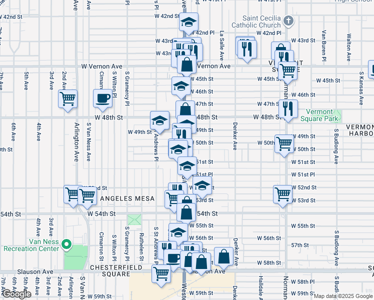 map of restaurants, bars, coffee shops, grocery stores, and more near 1633 West 51st Street in Los Angeles
