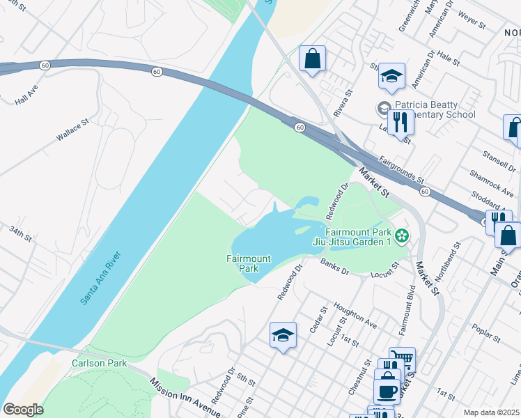 map of restaurants, bars, coffee shops, grocery stores, and more near 4500 Circle Lazy J Road in Riverside
