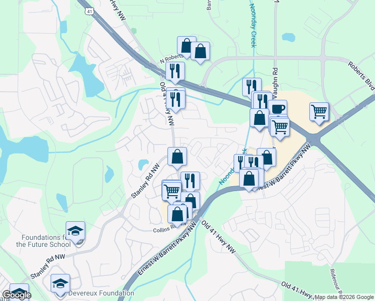 map of restaurants, bars, coffee shops, grocery stores, and more near 1790 Old 41 Highway Northwest in Kennesaw