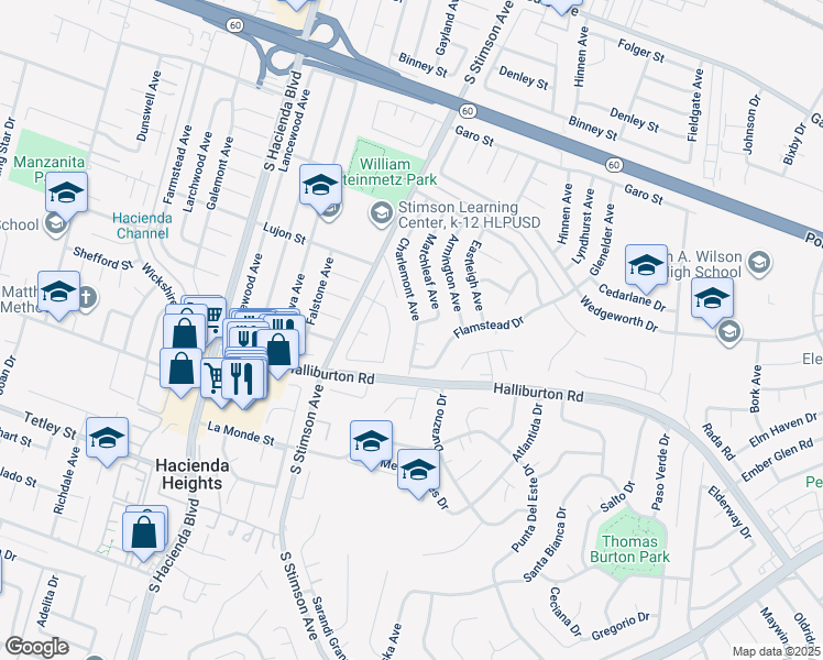 map of restaurants, bars, coffee shops, grocery stores, and more near 1807 Charlemont Avenue in Hacienda Heights