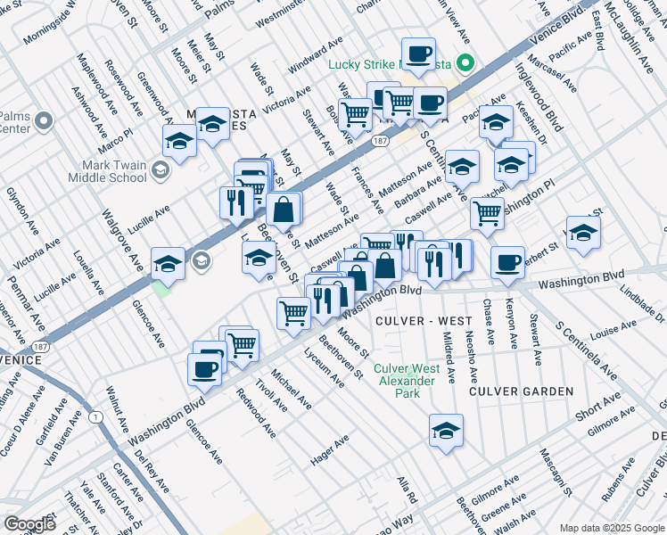 map of restaurants, bars, coffee shops, grocery stores, and more near 12756 Caswell Avenue in Los Angeles
