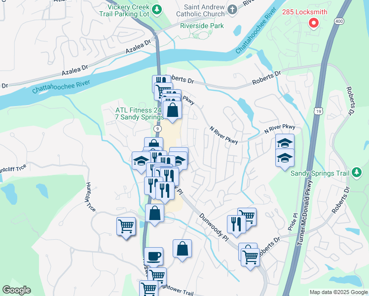 map of restaurants, bars, coffee shops, grocery stores, and more near 275 Winding River Drive in Atlanta