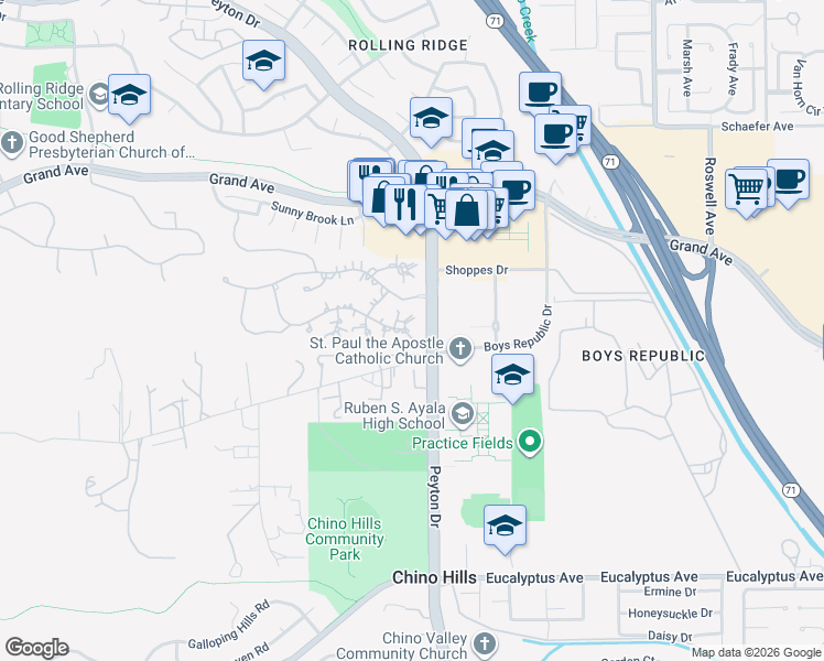 map of restaurants, bars, coffee shops, grocery stores, and more near 3248 Giant Forest Loop in Chino Hills