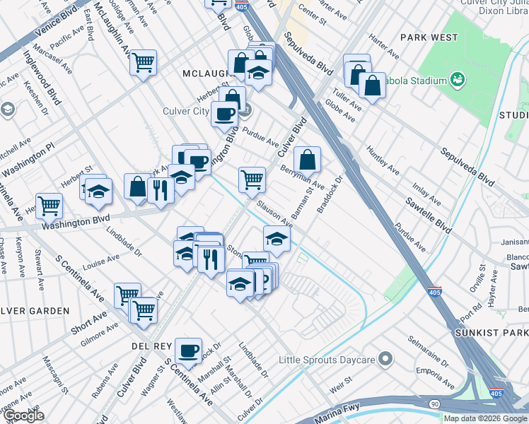 map of restaurants, bars, coffee shops, grocery stores, and more near 4435 South Slauson Avenue in Culver City