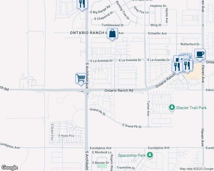 map of restaurants, bars, coffee shops, grocery stores, and more near 2888 East Berry Loop Privado in Ontario