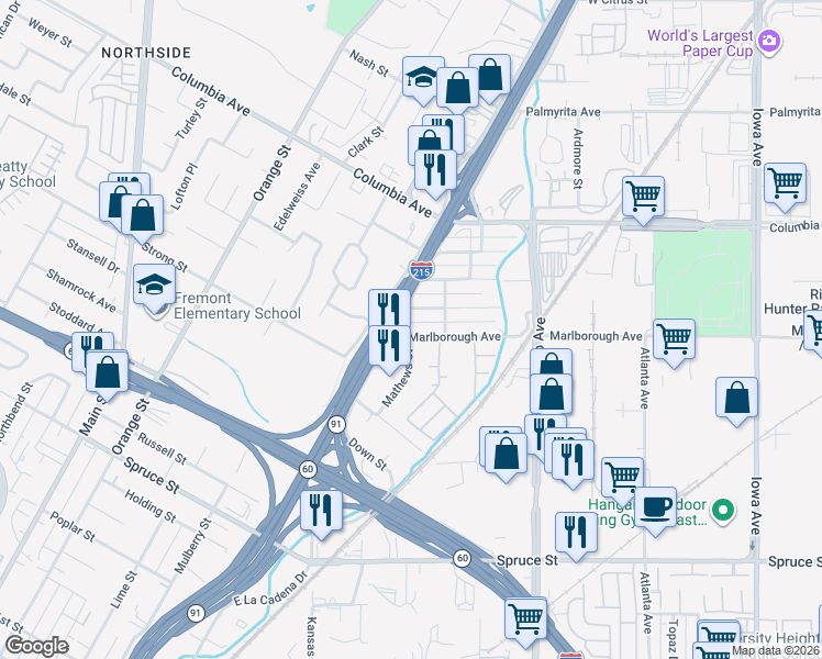 map of restaurants, bars, coffee shops, grocery stores, and more near 2076 Marlborough Avenue in Riverside
