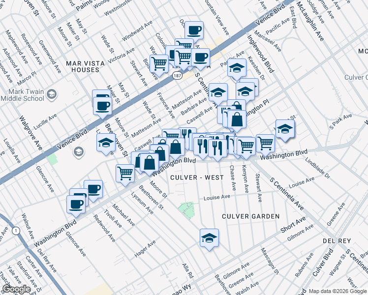 map of restaurants, bars, coffee shops, grocery stores, and more near 12621 Washington Place in Los Angeles
