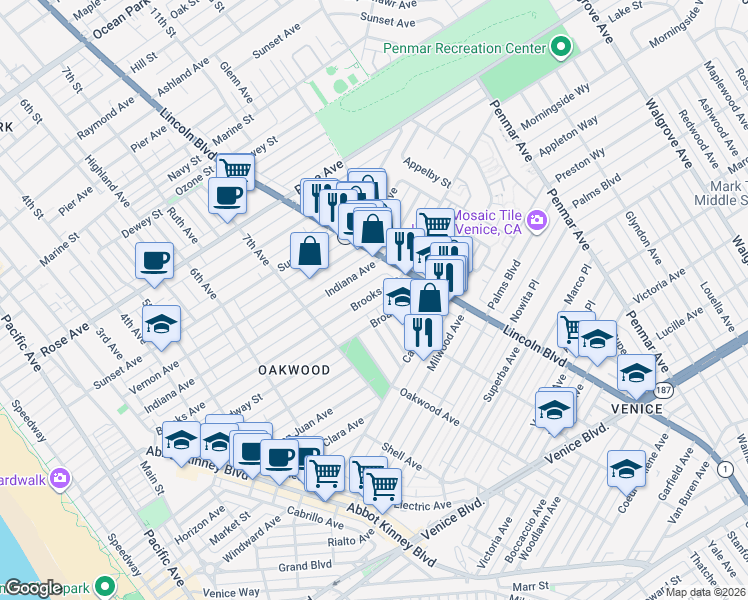 map of restaurants, bars, coffee shops, grocery stores, and more near 812 Brooks Avenue in Los Angeles