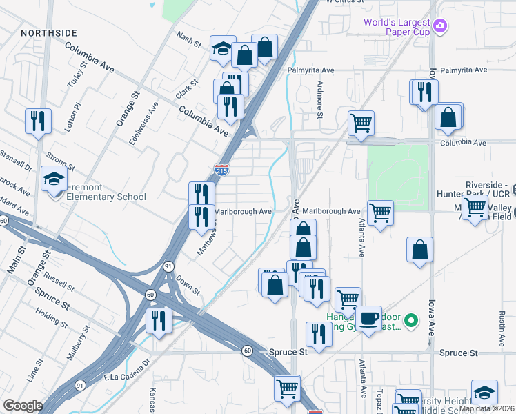 map of restaurants, bars, coffee shops, grocery stores, and more near 1909 Marlborough Avenue in Riverside