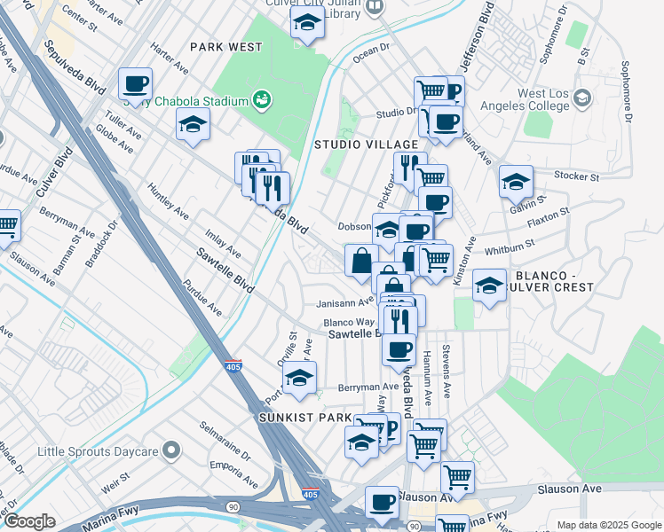 map of restaurants, bars, coffee shops, grocery stores, and more near 5215 Sepulveda Boulevard in Culver City