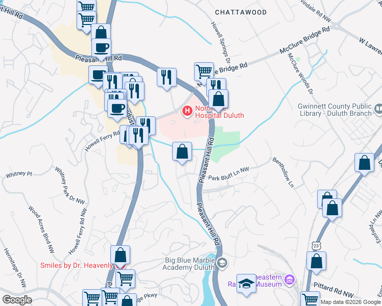 map of restaurants, bars, coffee shops, grocery stores, and more near 3765 Meeting Street Northwest in Duluth