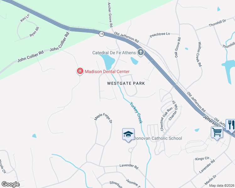 map of restaurants, bars, coffee shops, grocery stores, and more near 127 Lake Vista Drive in Athens