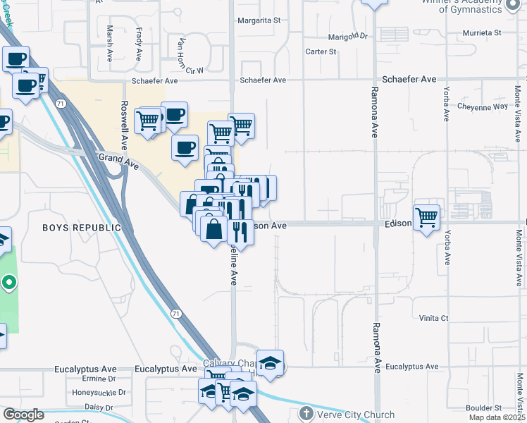 map of restaurants, bars, coffee shops, grocery stores, and more near 4110 Edison Avenue in Chino
