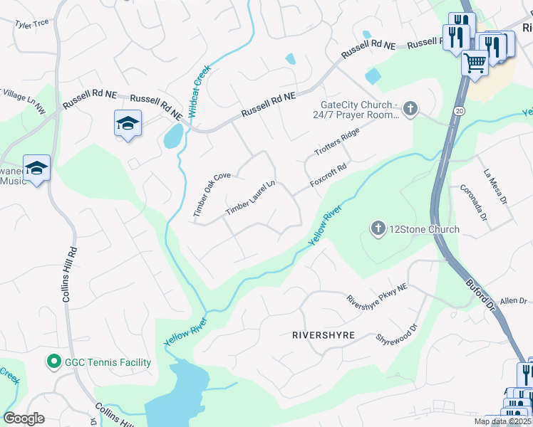 map of restaurants, bars, coffee shops, grocery stores, and more near 211 Timber Laurel Court in Lawrenceville