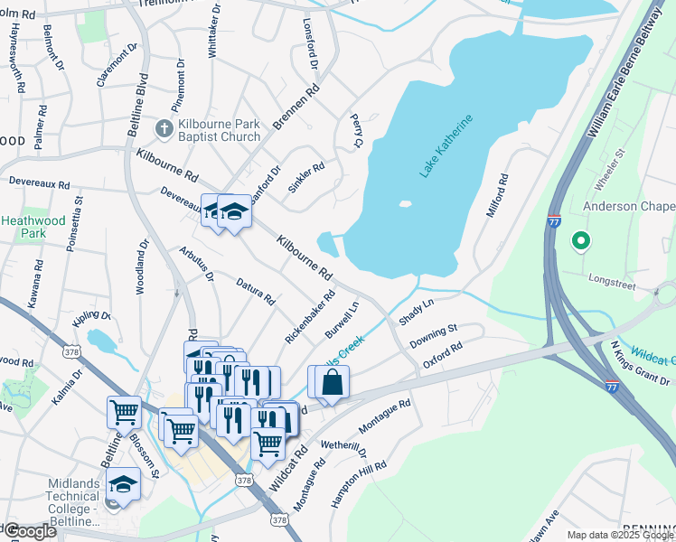 map of restaurants, bars, coffee shops, grocery stores, and more near 4848 Kilbourne Road in Columbia