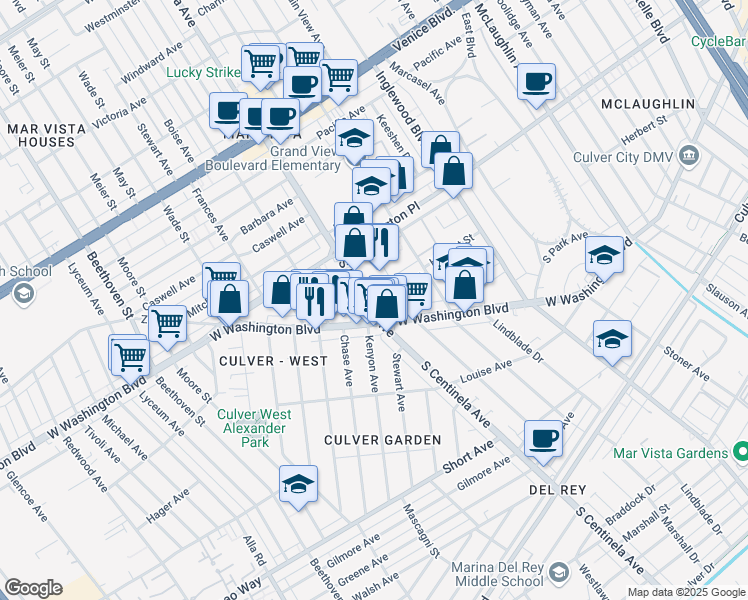 map of restaurants, bars, coffee shops, grocery stores, and more near 12387 Herbert Street in Los Angeles