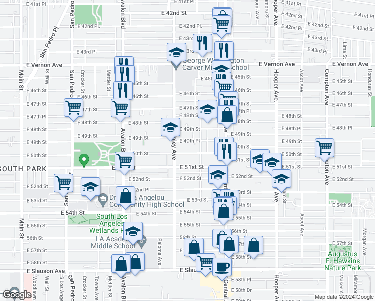map of restaurants, bars, coffee shops, grocery stores, and more near 907 East 50th Street in Los Angeles