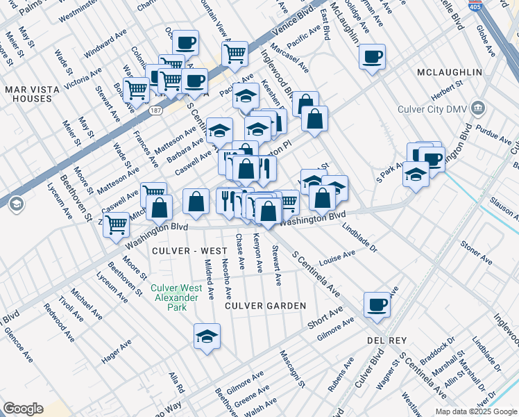 map of restaurants, bars, coffee shops, grocery stores, and more near 12387 Herbert Street in Los Angeles