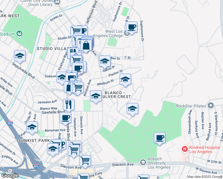 map of restaurants, bars, coffee shops, grocery stores, and more near 10733 Ranch Road in Culver City