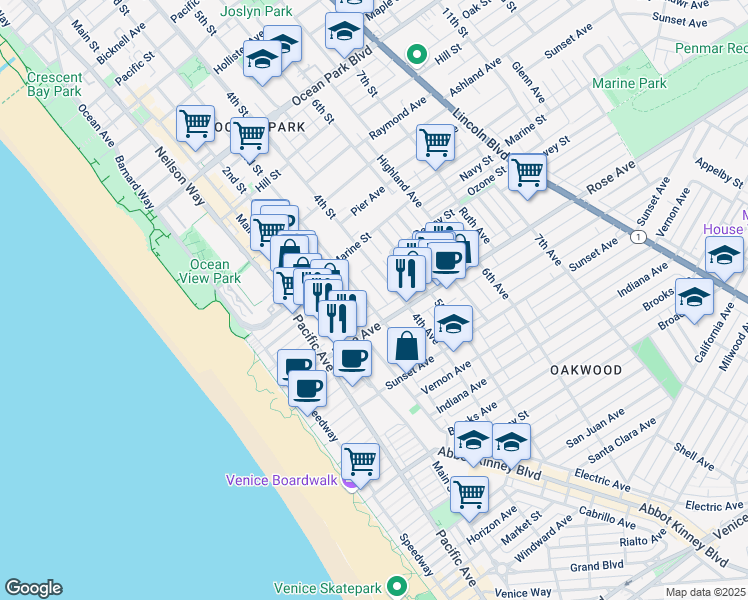 map of restaurants, bars, coffee shops, grocery stores, and more near 236 3rd Avenue in Los Angeles