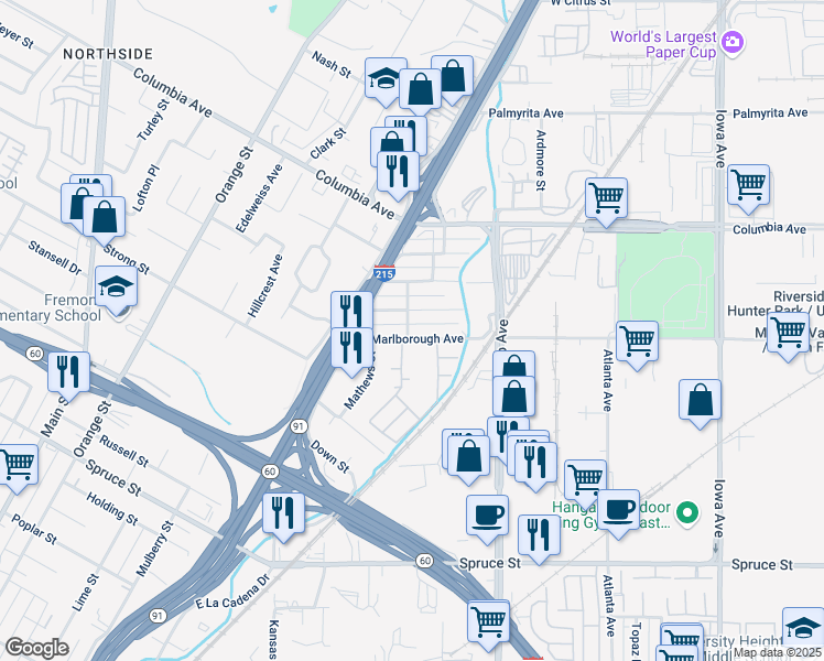 map of restaurants, bars, coffee shops, grocery stores, and more near 1993 Marlborough Avenue in Riverside