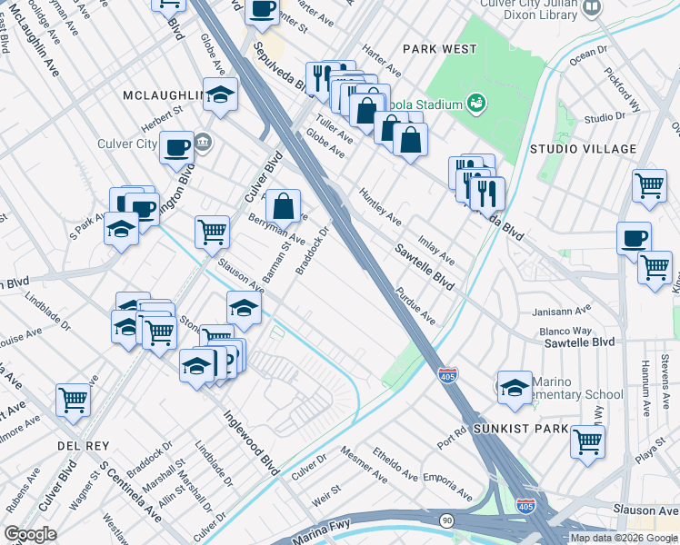 map of restaurants, bars, coffee shops, grocery stores, and more near 4712 Berryman Avenue in Culver City