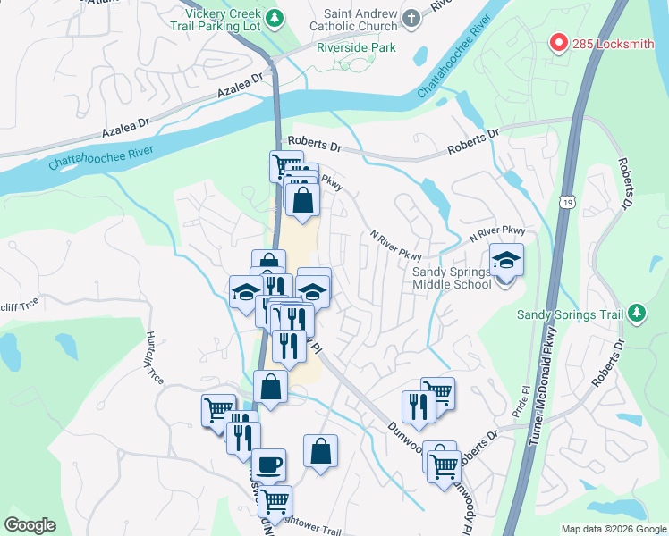 map of restaurants, bars, coffee shops, grocery stores, and more near 275 Winding River Drive in Atlanta