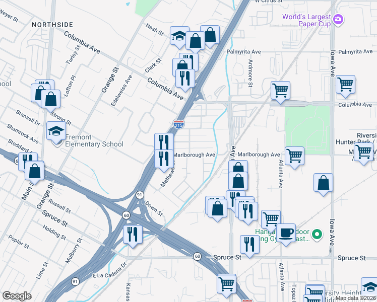 map of restaurants, bars, coffee shops, grocery stores, and more near 2019 Marlborough Avenue in Riverside