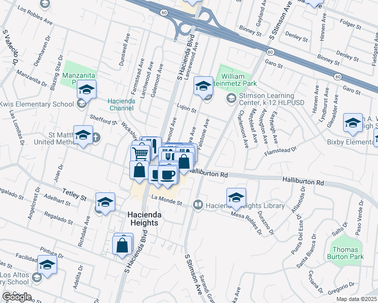 map of restaurants, bars, coffee shops, grocery stores, and more near 1908 Pontenova Avenue in Hacienda Heights