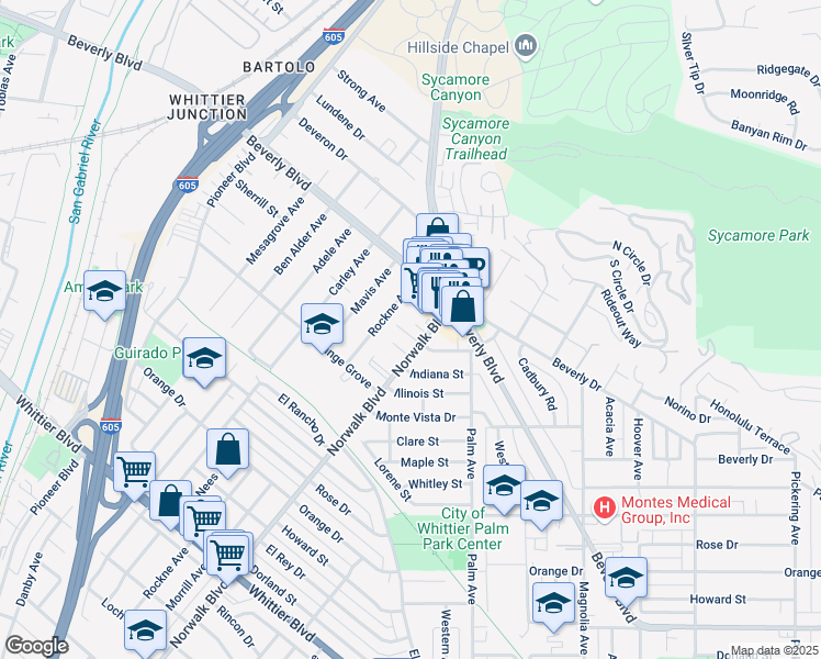 map of restaurants, bars, coffee shops, grocery stores, and more near 10729 Shire Place in Whittier