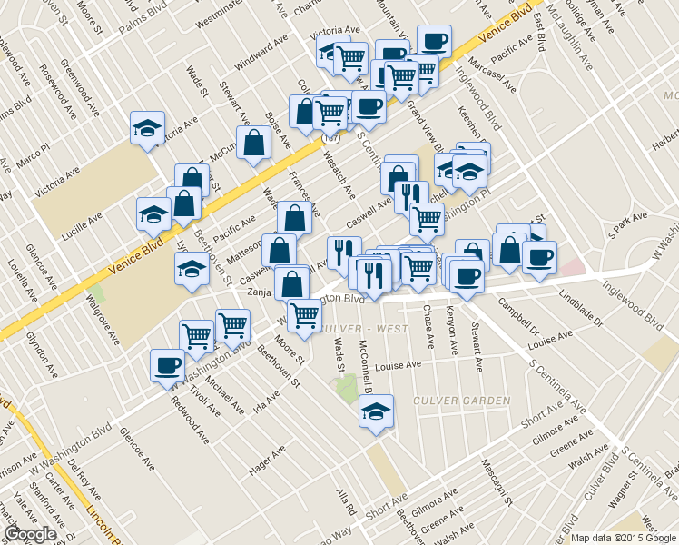 map of restaurants, bars, coffee shops, grocery stores, and more near 12681 Washington Boulevard in Los Angeles