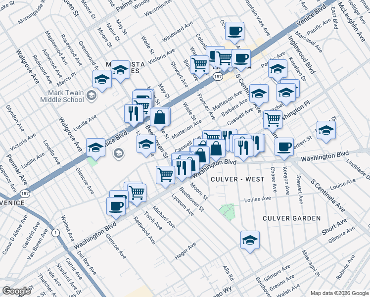map of restaurants, bars, coffee shops, grocery stores, and more near 12751 Mitchell Avenue in Los Angeles