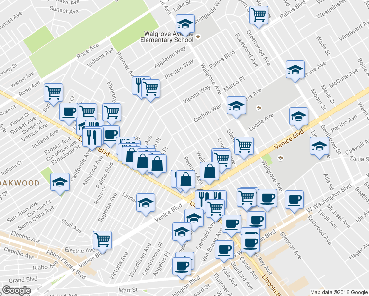 map of restaurants, bars, coffee shops, grocery stores, and more near 2139 Penmar Avenue in Los Angeles