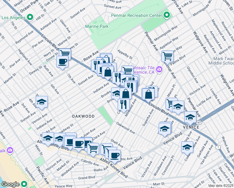 map of restaurants, bars, coffee shops, grocery stores, and more near 919 Broadway Street in Los Angeles