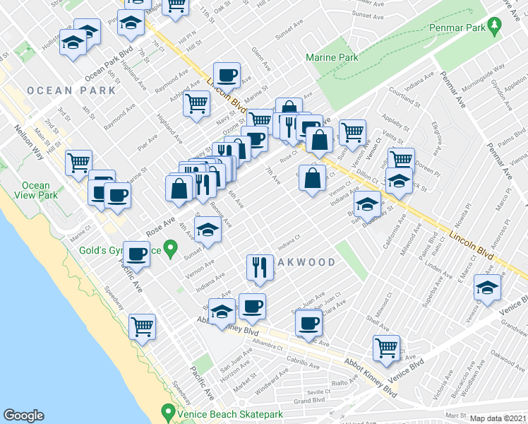 map of restaurants, bars, coffee shops, grocery stores, and more near 6th Avenue in Los Angeles