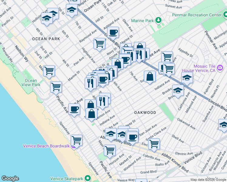 map of restaurants, bars, coffee shops, grocery stores, and more near 541 Sunset Avenue in Los Angeles