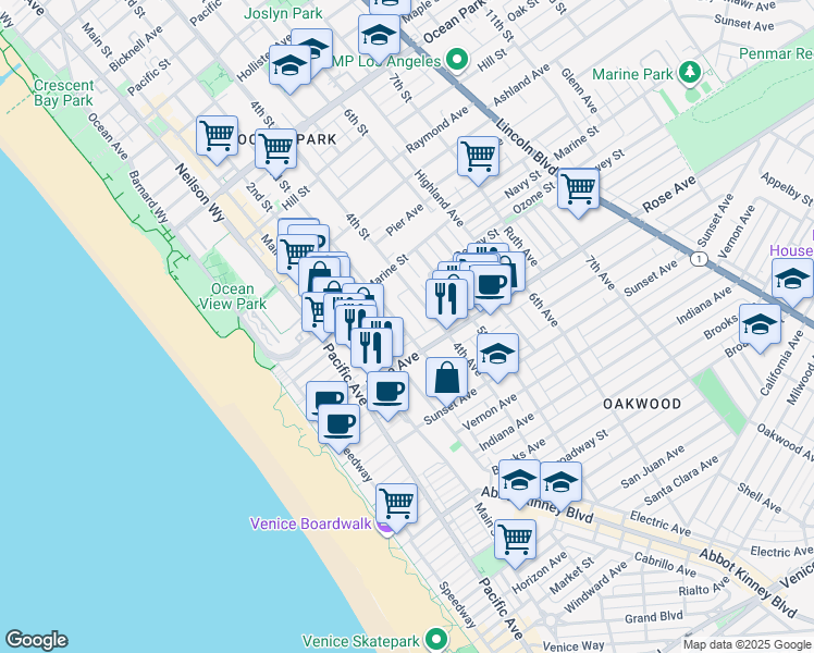 map of restaurants, bars, coffee shops, grocery stores, and more near 345 Rose Avenue in Los Angeles