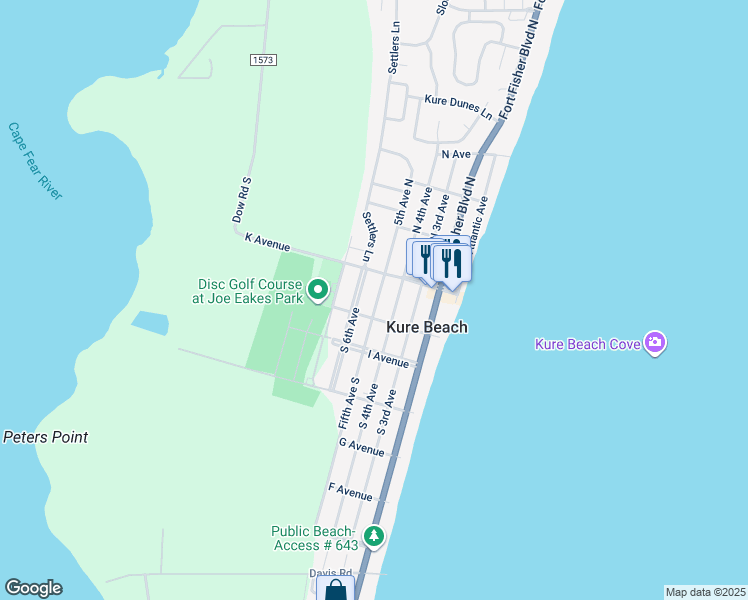 map of restaurants, bars, coffee shops, grocery stores, and more near 510 J Avenue in Kure Beach